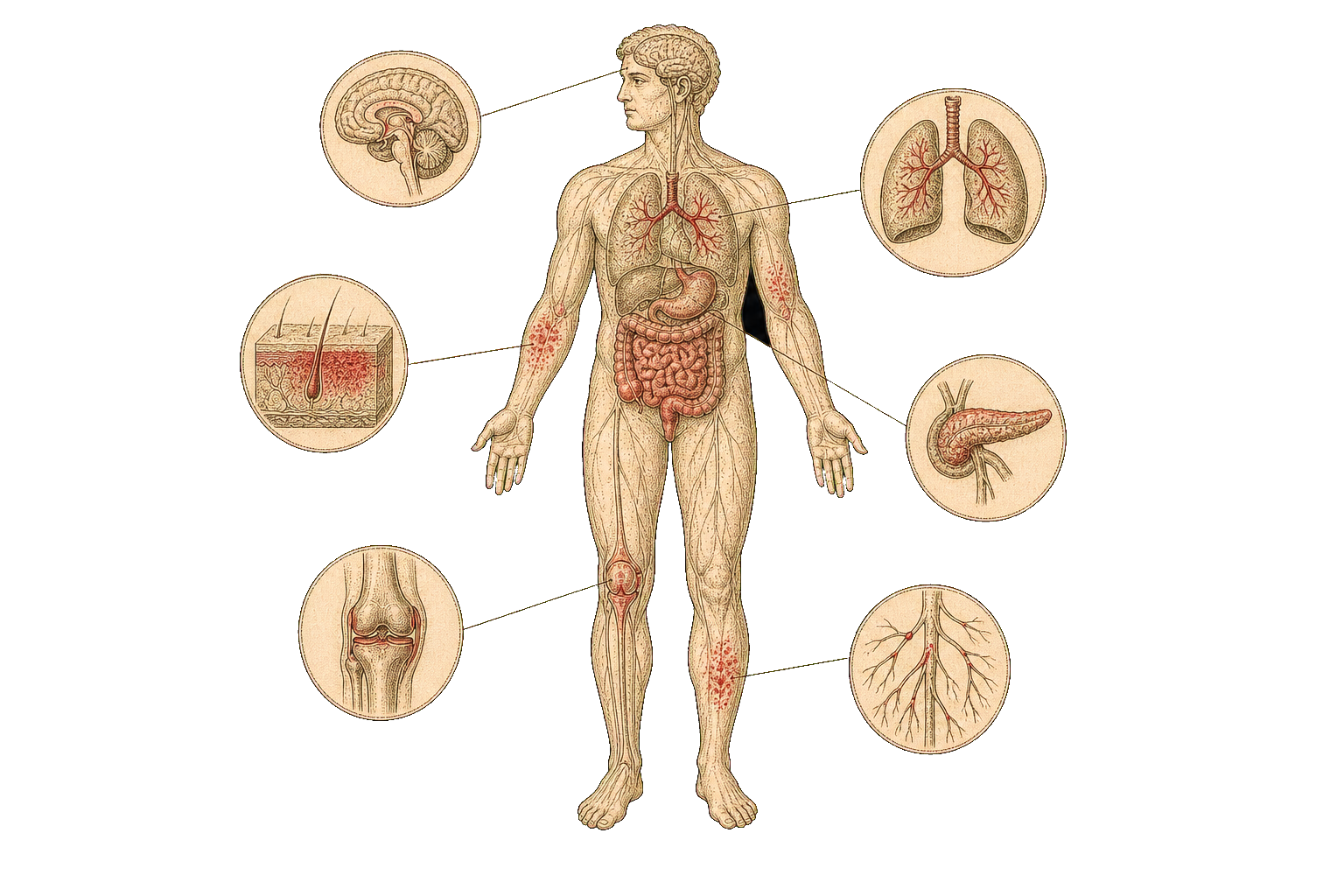 The reach of immune dysregulation, from gut to nerve to skin.